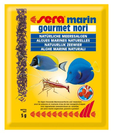 SERA MARIN GOURMET NORI - растительный корм д/морских рыб и креветок, состоит на 100% из легкоусваяемых макроводорослей Нори 5г (пакетик) - Кликните на картинке чтобы закрыть