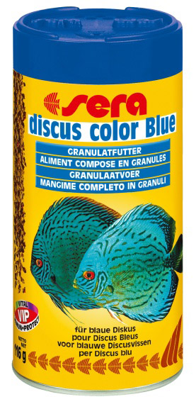 SERA DISKUS COLOR Blue – корм из креветочной муки и спирулины для синих и зеленых дискусов, а также для рыб с преобладающим синим окрасом 100мл
