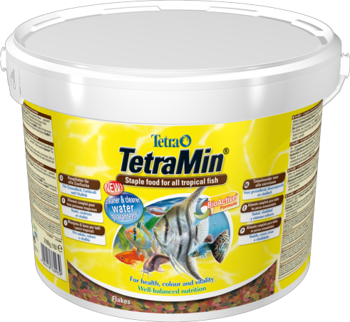 TetraMin - основной корм для всех видов рыб хлопья. Новая формула - меньше отходов чистая вода ведро 10л